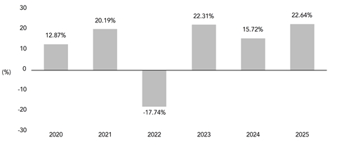 PerformanceBarChartData(2020:12.87,2021:20.19,2022:-17.74,2023:22.31,2024:15.72,2025:22.64)