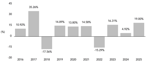 PerformanceBarChartData(2016:10.92,2017:35.26,2018:-17.56,2019:14.89,2020:13.8,2021:14.58,2022:-15.29,2023:16.31,2024:4.92,2025:19)