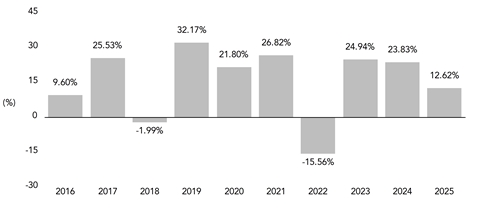 PerformanceBarChartData(2016:9.6,2017:25.53,2018:-1.99,2019:32.17,2020:21.8,2021:26.82,2022:-15.56,2023:24.94,2024:23.83,2025:12.62)