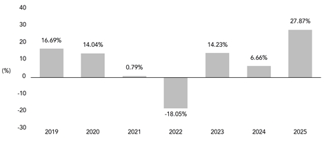PerformanceBarChartData(2019:16.69,2020:14.04,2021:0.79,2022:-18.05,2023:14.23,2024:6.66,2025:27.87)