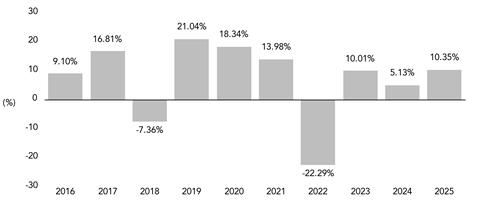 PerformanceBarChartData(2016:9.1,2017:16.81,2018:-7.36,2019:21.04,2020:18.34,2021:13.98,2022:-22.29,2023:10.01,2024:5.13,2025:10.35)