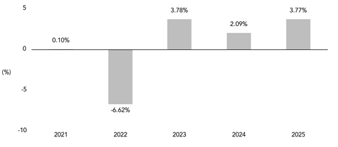 PerformanceBarChartData(2021:0.1,2022:-6.62,2023:3.78,2024:2.09,2025:3.77)