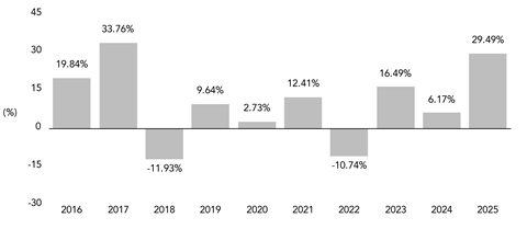 PerformanceBarChartData(2016:19.84,2017:33.76,2018:-11.93,2019:9.64,2020:2.73,2021:12.41,2022:-10.74,2023:16.49,2024:6.17,2025:29.49)