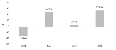 PerformanceBarChartData(2022:-15.8,2023:24.57,2024:3.44,2025:27.85)