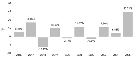 PerformanceBarChartData(2016:8.41,2017:26.09,2018:-17.49,2019:15.67,2020:-2.14,2021:18.69,2022:-3.48,2023:17.79,2024:6.88,2025:45.21)