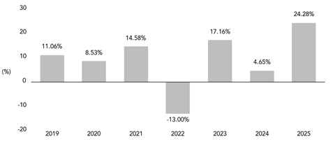 PerformanceBarChartData(2019:11.06,2020:8.53,2021:14.58,2022:-13,2023:17.16,2024:4.65,2025:24.28)