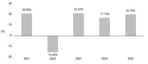 PerformanceBarChartData(2021:20.98,2022:-15.24,2023:21.27,2024:17.13,2025:20.19)