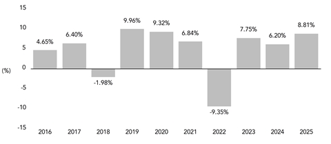 PerformanceBarChartData(2016:4.65,2017:6.4,2018:-1.98,2019:9.96,2020:9.32,2021:6.84,2022:-9.35,2023:7.75,2024:6.2,2025:8.81)