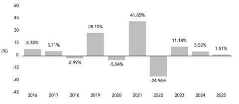 PerformanceBarChartData(2016:8.38,2017:5.71,2018:-2.99,2019:28.1,2020:-5.04,2021:41.85,2022:-24.96,2023:11.18,2024:5.52,2025:1.51)