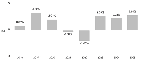 PerformanceBarChartData(2018:0.81,2019:3.3,2020:2.01,2021:-0.31,2022:-2.03,2023:2.65,2024:2.23,2025:2.84)