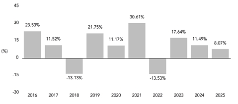 PerformanceBarChartData(2016:23.53,2017:11.52,2018:-13.13,2019:21.75,2020:11.17,2021:30.61,2022:-13.53,2023:17.64,2024:11.49,2025:8.07)