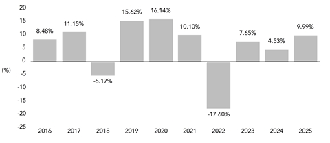 PerformanceBarChartData(2016:8.48,2017:11.15,2018:-5.17,2019:15.62,2020:16.14,2021:10.1,2022:-17.6,2023:7.65,2024:4.53,2025:9.99)