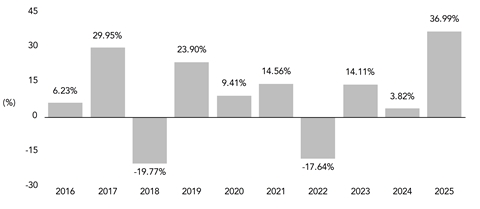 PerformanceBarChartData(2016:6.23,2017:29.95,2018:-19.77,2019:23.9,2020:9.41,2021:14.56,2022:-17.64,2023:14.11,2024:3.82,2025:36.99)