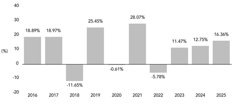 PerformanceBarChartData(2016:18.89,2017:18.97,2018:-11.65,2019:25.45,2020:-0.61,2021:28.07,2022:-5.78,2023:11.47,2024:12.75,2025:16.36)