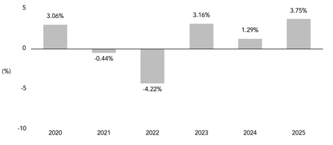 PerformanceBarChartData(2020:3.06,2021:-0.44,2022:-4.22,2023:3.16,2024:1.29,2025:3.75)