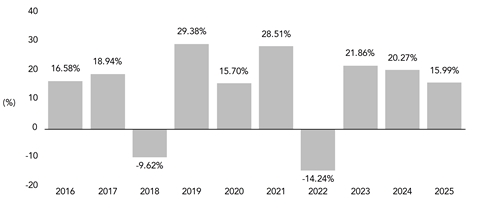 PerformanceBarChartData(2016:16.58,2017:18.94,2018:-9.62,2019:29.38,2020:15.7,2021:28.51,2022:-14.24,2023:21.86,2024:20.27,2025:15.99)