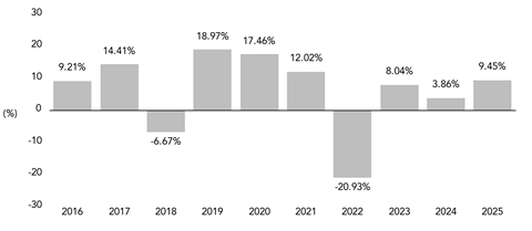 PerformanceBarChartData(2016:9.21,2017:14.41,2018:-6.67,2019:18.97,2020:17.46,2021:12.02,2022:-20.93,2023:8.04,2024:3.86,2025:9.45)