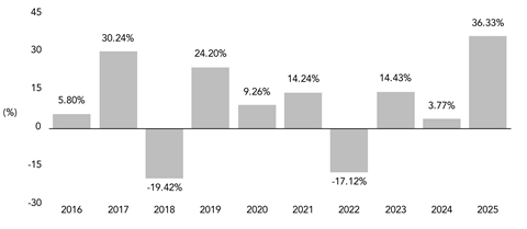 PerformanceBarChartData(2016:5.8,2017:30.24,2018:-19.42,2019:24.2,2020:9.26,2021:14.24,2022:-17.12,2023:14.43,2024:3.77,2025:36.33)
