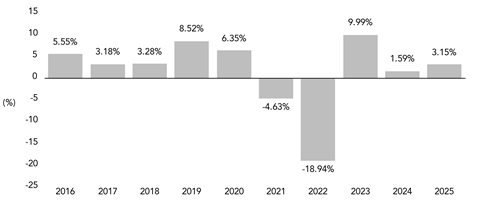 PerformanceBarChartData(2016:5.55,2017:3.18,2018:3.28,2019:8.52,2020:6.35,2021:-4.63,2022:-18.94,2023:9.99,2024:1.59,2025:3.15)