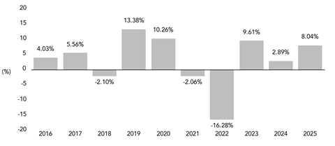PerformanceBarChartData(2016:4.03,2017:5.56,2018:-2.1,2019:13.38,2020:10.26,2021:-2.06,2022:-16.28,2023:9.61,2024:2.89,2025:8.04)