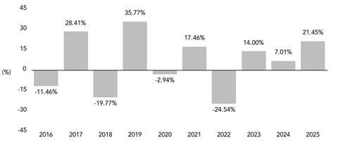 PerformanceBarChartData(2016:-11.46,2017:28.41,2018:-19.77,2019:35.77,2020:-2.94,2021:17.46,2022:-24.54,2023:14,2024:7.01,2025:21.45) PerformanceBarChartData(2016:-11.46,2017:28.41,2018:-19.77,2019:35.77,2020:-2.94,2021:17.46,2022:-24.54,2023:14,2024:7.01,2025:21.45)