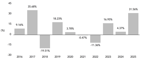 PerformanceBarChartData(2016:9.16,2017:35.68,2018:-19.51,2019:18.23,2020:3.78,2021:-0.47,2022:-11.36,2023:16.95,2024:4.37,2025:31.56)