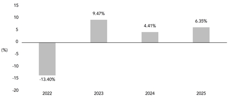 PerformanceBarChartData(2022:-13.4,2023:9.47,2024:4.41,2025:6.35)