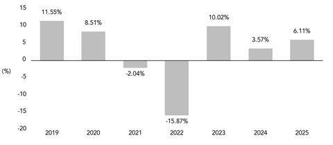PerformanceBarChartData(2019:11.55,2020:8.51,2021:-2.04,2022:-15.87,2023:10.02,2024:3.57,2025:6.11)