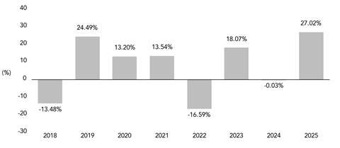 PerformanceBarChartData(2018:-13.48,2019:24.49,2020:13.2,2021:13.54,2022:-16.59,2023:18.07,2024:-0.03,2025:27.02) PerformanceBarChartData(2018:-13.48,2019:24.49,2020:13.2,2021:13.54,2022:-16.59,2023:18.07,2024:-0.03,2025:27.02)