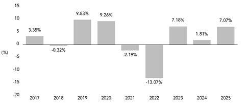 PerformanceBarChartData(2017:3.35,2018:-0.32,2019:9.83,2020:9.26,2021:-2.19,2022:-13.07,2023:7.18,2024:1.81,2025:7.07)