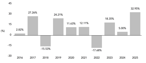 PerformanceBarChartData(2016:2.82,2017:27.262,2018:-15.53,2019:24.21,2020:11.63,2021:12.11,2022:-17.68,2023:18.35,2024:5,2025:32.95)
