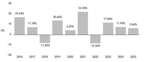 PerformanceBarChartData(2016:25.63,2017:11.18,2018:-11.6,2019:20.66,2020:6.59,2021:33.5,2022:-12.46,2023:17.86,2024:11.42,2025:9.66)