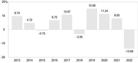 PerformanceBarChartData(2013:9.74,2014:4.72,2015:-0.75,2016:6.72,2017:10.67,2018:-3.26,2019:15.08,2020:11.24,2021:8.05,2022:-13.66)