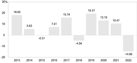 PerformanceBarChartData(2013:18.05,2014:5.63,2015:-0.31,2016:7.41,2017:15.74,2018:-4.94,2019:19.37,2020:13.19,2021:10.47,2022:-14.66)