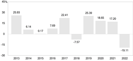 PerformanceBarChartData(2013:25.93,2014:6.14,2015:0.17,2016:7.69,2017:22.41,2018:-7.57,2019:25.39,2020:18.65,2021:17.2,2022:-19.11)