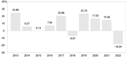 PerformanceBarChartData(2013:24.86,2014:6.07,2015:0.13,2016:7.64,2017:20.88,2018:-6.87,2019:23.7,2020:17.05,2021:15.08,2022:-18.04)