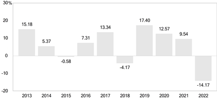PerformanceBarChartData(2013:15.18,2014:5.37,2015:-0.58,2016:7.31,2017:13.34,2018:-4.17,2019:17.4,2020:12.57,2021:9.54,2022:-14.17)