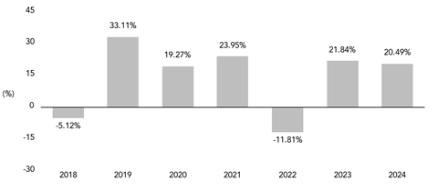 PerformanceBarChartData(2018:-5.12,2019:33.11,2020:19.27,2021:23.95,2022:-11.81,2023:21.84,2024:20.49)