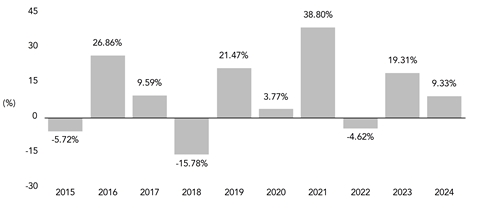 PerformanceBarChartData(2015:-5.72,2016:26.86,2017:9.59,2018:-15.78,2019:21.47,2020:3.77,2021:38.8,2022:-4.62,2023:19.31,2024:9.33)