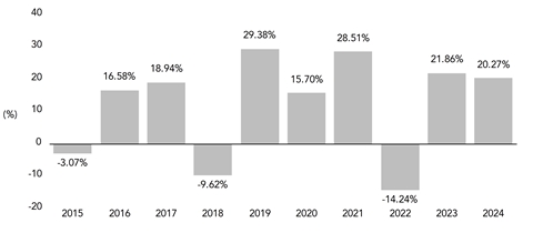 PerformanceBarChartData(2015:-3.07,2016:16.58,2017:18.94,2018:-9.62,2019:29.38,2020:15.7,2021:28.51,2022:-14.24,2023:21.86,2024:20.27)