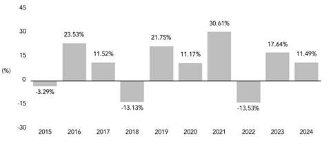 PerformanceBarChartData(2015:-3.29,2016:23.53,2017:11.52,2018:-13.13,2019:21.75,2020:11.17,2021:30.61,2022:-13.53,2023:17.64,2024:11.49)
