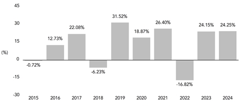 PerformanceBarChartData(2015:-0.72,2016:12.73,2017:22.08,2018:-6.23,2019:31.52,2020:18.87,2021:26.4,2022:-16.82,2023:24.15,2024:24.25)