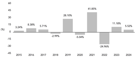 PerformanceBarChartData(2015:3.24,2016:8.38,2017:5.71,2018:-2.99,2019:28.1,2020:-5.04,2021:41.85,2022:-24.96,2023:11.18,2024:5.52)