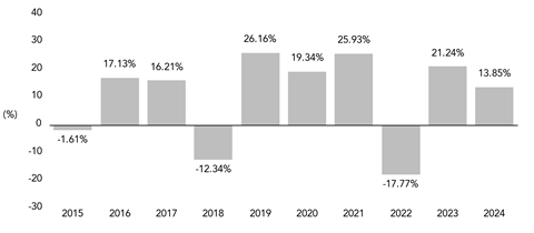 PerformanceBarChartData(2015:-1.61,2016:17.13,2017:16.21,2018:-12.34,2019:26.16,2020:19.34,2021:25.93,2022:-17.77,2023:21.24,2024:13.85)
