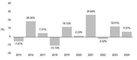PerformanceBarChartData(2015:-7.81,2016:28.26,2017:7.21,2018:-15.13,2019:18.12,2020:2.23,2021:39.84,2022:-3.52,2023:18.91,2024:9.57)