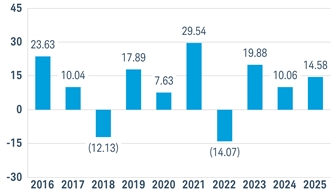 PerformanceBarChartData(2016:23.63,2017:10.04,2018:-12.13,2019:17.89,2020:7.63,2021:29.54,2022:-14.07,2023:19.88,2024:10.0647806,2025:14.5779244)