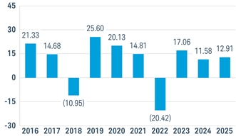 PerformanceBarChartData(2016:21.33,2017:14.68,2018:-10.95,2019:25.6,2020:20.13,2021:14.81,2022:-20.42,2023:17.06,2024:11.5789683,2025:12.9064527)